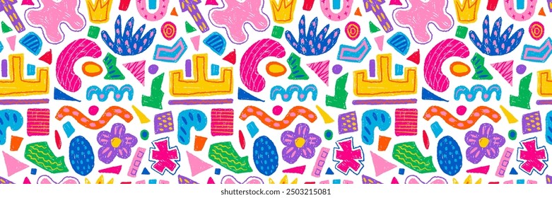 Hand drawn seamless pattern of colorful abstract geometric shapes, forms. Vector collection of contemporary