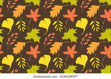 Hand drawn seamless pattern with colorful leaves on dark background. Seasonal vector illustration for textiles, wallpapers, banners, cards, prints