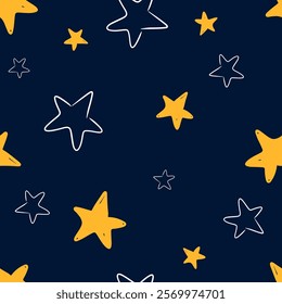 Hand drawn seamless pattern colorful stars on a dark background for decorative purposes vector illustration