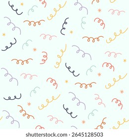 Hand drawn seamless pattern with colorful party streamers and stars. Minimal and playful celebration background, ideal for birthday designs, wrapping paper, kids’ projects, and festive decor.