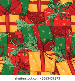 Dibujado a mano patrón sin fisuras con coloridos regalos de Navidad Ilustración vectorial