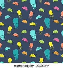 Hand drawn seamless pattern with colorful cartoon jellyfish silhouettes on dark background. Eps 10 tiling background.