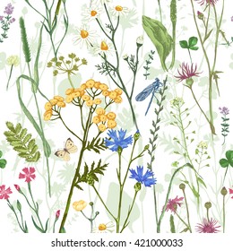 Hand drawn seamless pattern with colorful herbs and flowers