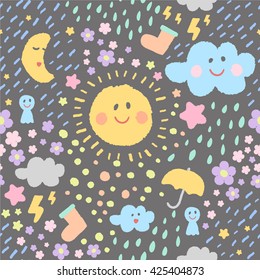 Hand drawn Seamless pattern with colorful sun doodles. Weather background. vector illustration.