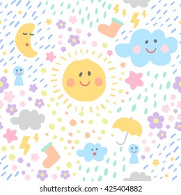 Hand drawn Seamless pattern with colorful sun doodles. Weather background. vector illustration.