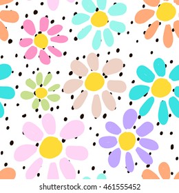 Hand drawn seamless pattern with colorful unusual flowers on polka dots background. Perfectly look on fabric, textile, etc.