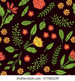 Hand drawn seamless pattern with colorful flowers.Vector illustration.