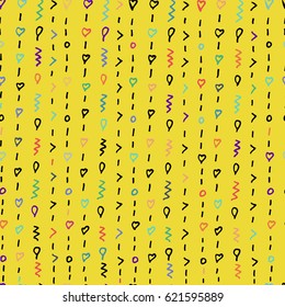 Hand drawn seamless pattern. Colorful abstract doodle background. Yellow vector print with hearts, twists, dashes.