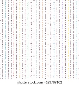 Hand drawn seamless pattern. Colorful abstract line doodle background. Vector print with swirls, dashes, circles.