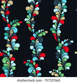 A hand drawn seamless pattern with colorful branches. Vector background made of simple doodles. Tangle pattern, boho style texture for clothes print. Floral vivid abstract wave ornament