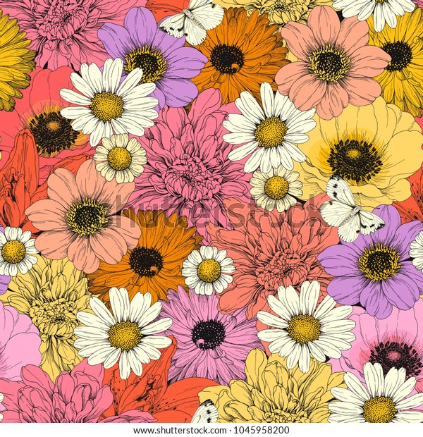 Hand drawn seamless pattern with colorful buds flowers Chamomile, Dahlia, Lily and Anemone. Vector bright illustration with flying butterflies.
