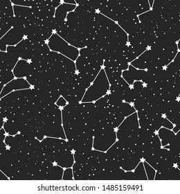 Hand drawn seamless pattern with constellations and star sky. Zodiac signs. Vector isolated galaxy illustration.