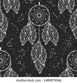 Hand drawn seamless pattern with constellations, Scandinavian dream catchers in the star sky. Zodiac signs background. Vector isolated galaxy illustration.