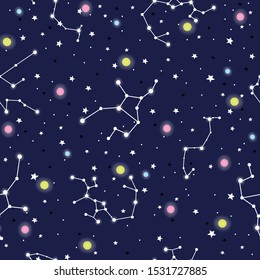 Hand drawn seamless pattern constellations, planet and star sky.  Zodiac signs. Vector illustration, Galaxy Background