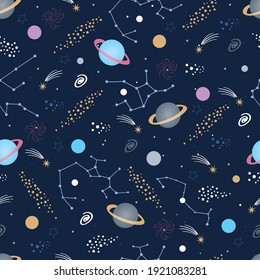 Hand Drawn Seamless Pattern Constellations, Planet And Star Sky.  Zodiac Signs. Vector Illustration, Galaxy Background