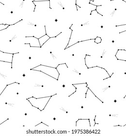 Hand drawn seamless pattern of constellations celestial space. Zodiac horoscope symbol, star astrology, sign, icon. Magic space galaxy sketch illustration for greeting card, wallpaper, wrapping paper