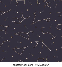 Hand drawn seamless pattern of constellations celestial space. Zodiac horoscope symbol, star astrology, sign, icon. Magic space galaxy sketch illustration for greeting card, wallpaper, wrapping paper