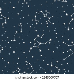 Hand drawn seamless pattern constellations, planet and star sky. Zodiac signs. Vector illustration, Galaxy Background