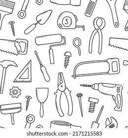 Hand drawn seamless pattern of construction tools doodle Different working and building tools in sketch style. Saw, hammer, wrench, screw, drill. Vector illustration