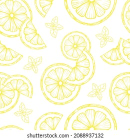 hand drawn seamless pattern contour of lemon slices and mint leaves