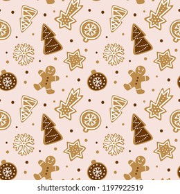 Hand drawn seamless pattern with cookie. Cute gingerbread repeating wallpaper. Vector design for Christmas season.