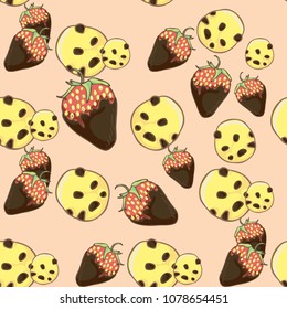 Hand drawn seamless pattern with cookies and strawberry in chocolate