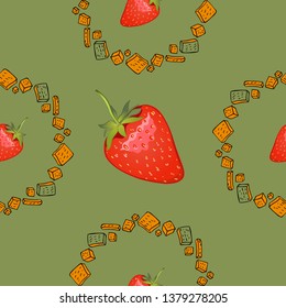 Hand drawn seamless pattern of cookies products and strawberry. Baked goods background.