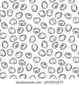 Handgezeichnetes nahtloses Muster mit Maiskörnern im monochromen Skizzenstil isoliert auf weißem Hintergrund. Landwirtschaft Hintergrund für die Lebensmittelkennzeichnung. Klassische Vektorillustration.