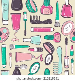 Hand drawn seamless pattern with cosmetic icons. Vector seamless background with cosmetics elements. Used for wallpaper, pattern fills, web page background,surface textures.