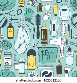 Hand drawn seamless pattern with cosmetics. Actual vector drawing background with beauty products