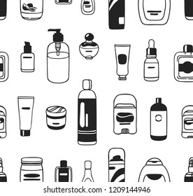 Hand drawn seamless pattern with cosmetics. Vector illustration. Actual background with beauty products. Original doodle style drawing Bath Things. Creative ink art work