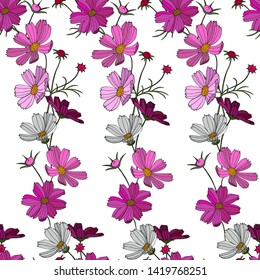 Hand drawn seamless pattern with Cosmos flower. Twigs, leaves, buds. Vector Isolated botanical elements on white background. The design is suitable for fabric, wallpaper, wrapping paper, cards, poster
