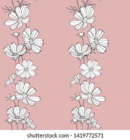 Hand drawn seamless pattern with Cosmos flower. Twigs, leaves, buds. Black and white plants on a gentle pink vector background. The design is suitable for fabric, wallpaper, wrapping paper, textiles