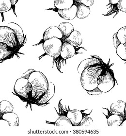 hand drawn seamless pattern with cotton plant  on white background