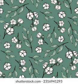 Hand drawn seamless pattern of cottons. Botanical colorful plant and branches with leaves. Decorative floral vector illustration for greeting card, invitation, wallpaper, wrapping paper, fabric