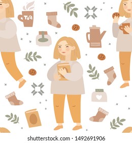 Hand drawn seamless pattern. Cozy winter characters and graphic elements. Girl, book, tea pot, cup, hot drink, jam, cookies, socks. Background fill, wrapping paper in flat style. Holidays, comfort.