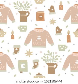 Hand drawn seamless pattern. Cozy winter graphic elements. Knitted sweater, teacup, jam, socks, gloves, book, pot . Christmas background fill, wrapping paper in flat style. Holidays, comfort, gifts.