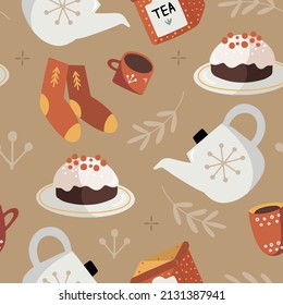 Hand drawn seamless pattern with cozy socks, hot tea and dessert.