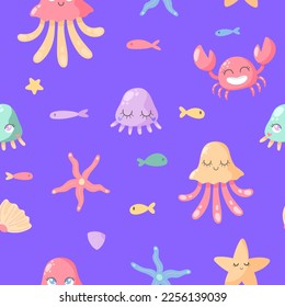 Hand drawn Seamless pattern with crab, starfishes, jellyfishes and fishes. Vector image for kids digital textile fabric paper