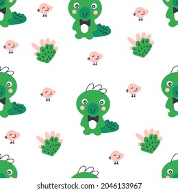 Hand drawn seamless pattern with crocodiles and small birds. Perfect for T-shirt, textile and prints. Doodle style vector illustration for decor and design.
