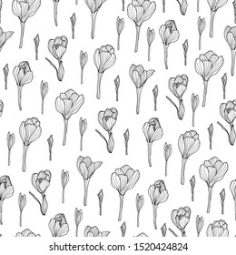 Hand drawn seamless pattern crocus flower. Home decor, fabric, cover