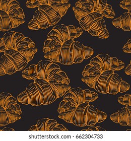 Hand drawn seamless pattern with croissant in engraving style. Bread bakery fresh food collection. Vector vintage illustration. Elements for menu of restaurants and cafe.