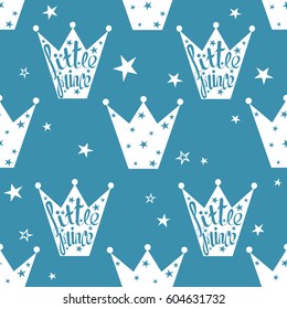 Hand drawn seamless pattern with crowns and stars. Blue and white background vector. Colorful children's backdrop, little prince. Decorative wallpaper, good for printing
