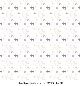 Hand drawn seamless pattern with crowns on white background. Universal simple illustration with stars and crowns.