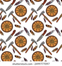 Hand drawn seamless pattern with cultural native indians attributte, vector background.