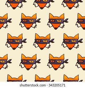 Hand drawn seamless pattern with cunning fox in mask. Funny animal background.