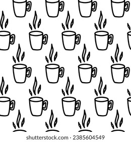 Hand drawn seamless pattern with cup of coffee, chocolate, cocoa, americano or cappuccino. Doodle mug isolated on white background. Adults and kids coloring page, coloring book, design for cafe