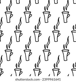 Hand drawn seamless pattern with cup of coffee, chocolate, cocoa, americano or cappuccino. Doodle mug isolated on white background. Adults and kids co