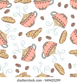 Hand drawn seamless pattern with cup of coffee and cakes.  Design for greeting card, print invitation. Vector illustration , vintage typography card.