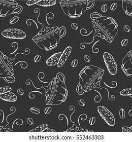 Hand drawn seamless pattern with cup of coffee and cakes.  Design for greeting card, print invitation. Vector illustration , vintage typography card.